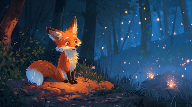 A bashful fox with a fluffy tail shyly steps onto a woodland stage, microphone in paw, ready to sing under the glow of fireflies, cartoon concept