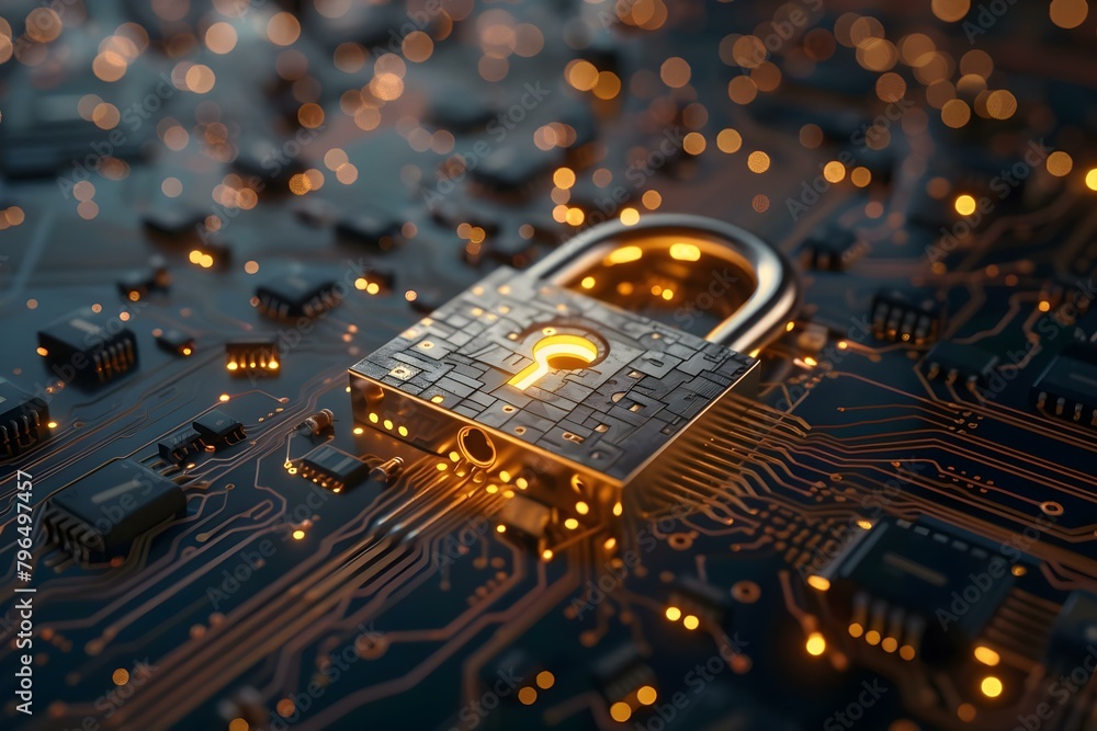 Poster image of padlock on circuit board symbolizing digital security measures in technology. concept techn