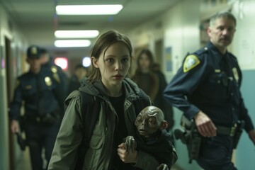 Fototapeta premium A young girl holding a mystical creature's hand walks in a police station, with officers in the background