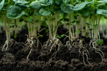 Visible Growth: Young Plant Roots and Green Vegetable Sprouts in Soil. Concept Sustainable Gardening, Root Development, Seedling Growth, Plant Care, Soil Health