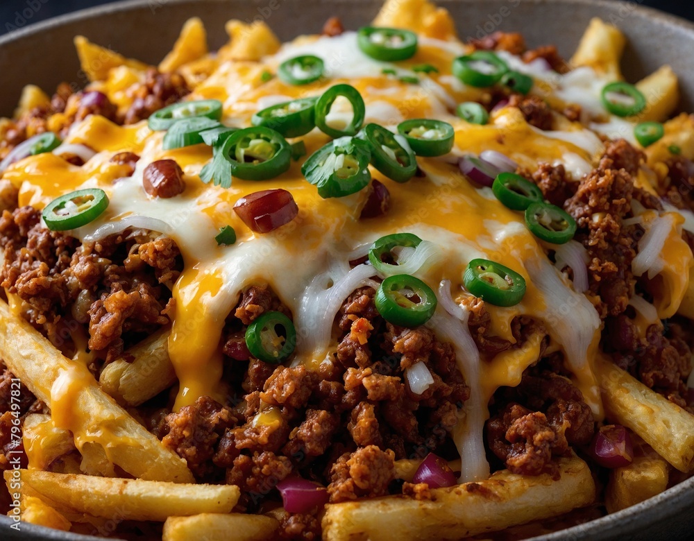 Wall mural A serving of loaded chili cheese fries topped with melted cheddar cheese and diced onions.
