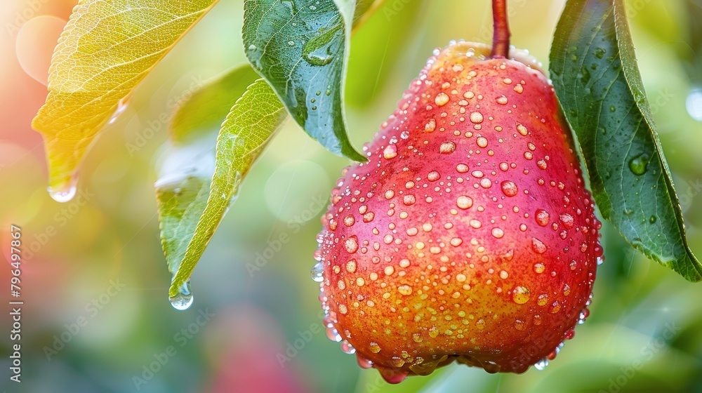 Poster fresh pear with water drops on tree, macro shot for wide banner with ample text space
