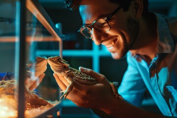 Intimate moment of a man interacting with his pet bearded dragon, symbolizing responsible pet ownership