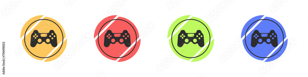 Poster joystick logo set. the game controller is white. set of stylish round console icons. color logo game