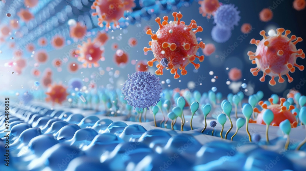 Poster a highly magnified picture of a nanosized drug delivery system showing its surface modifications for