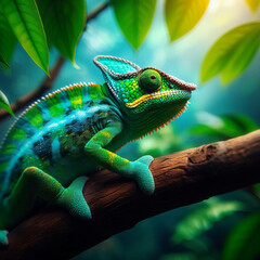 Illustration of green and red chameleon on a branch