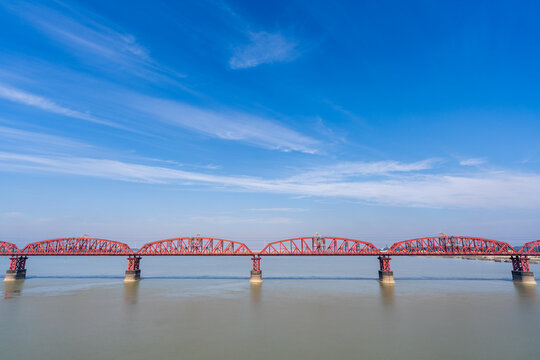 Landscape view of ancient Hardinge bridge steel railway truss bridge over Padma or Ganges river between Pabna and Kushtia, Bangladesh