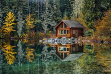 Fototapeta premium Autumn Refuge: Cozy Cabin by the Mirror Lake