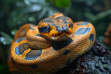 Fototapeta premium Reticulated Python: Coiled around a tree trunk, displaying its impressive size and pattern.