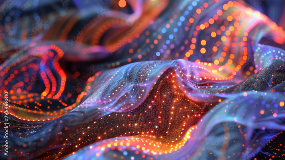 Poster a closeup of a textile with an innovative lighting system powered by conductive paints. the intricat