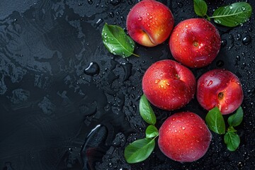 Fresh peaches with water drops on a dark background,