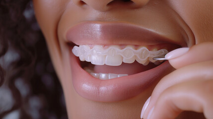 Close up of woman using invisible silicone dental aligner.