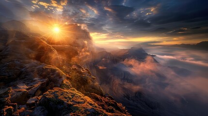 Naklejka premium sunset in the mountains A cascading waterfall catching the first light of day as it plunges down a rocky cliff in the midst of mountain peaks. 