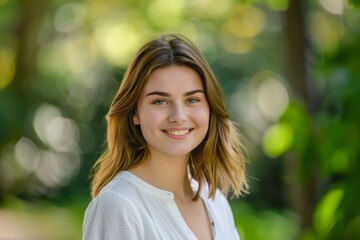 Fototapeta premium Portrait of a confident, smiling woman in nature on a green background for travel or independence. Face, joyful, carefree young woman at a park for fresh air or fun.