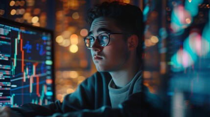 Holographic and digital software developer focused on cyber security, future, and trade. Male investor and employee with stock market research, night, and investing.