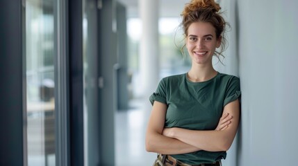 Woman soldier smiles, crosses arms, and relaxes outside army building with confidence. Military career, security, courage, government agency female in uniform