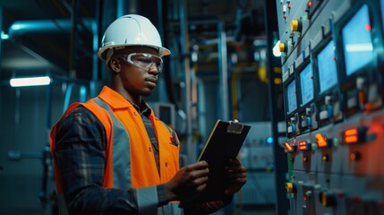 Electrician, control room technician, and man write notes and machine maintenance on clipboard. Male electrician, power system and substation, engineering inspection, checklist