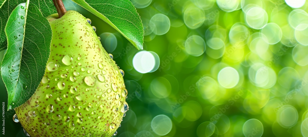 Poster macro close up of fresh pear with dew drops hanging on tree, wide banner with space for text