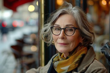 Obraz premium A stylish senior woman with glasses and a scarf, posing indoors with a reflective expression
