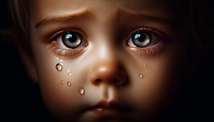 A kid's eyes filled with tears. The image captures the innocent and emotional expression of the child with clear tears welling. Close-up of a girl's face. Tears. Emotion concept. - obrazy, fototapety, plakaty