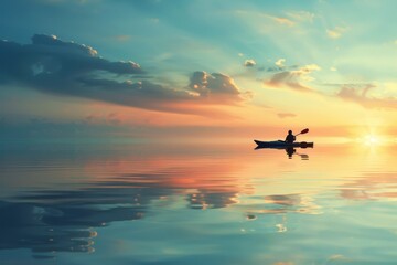 Calming scene of a single person kayaking on a mirror-like water surface at sunset