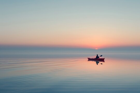 A serene image of a lone kayaker on calm waters with the setting sun in the background