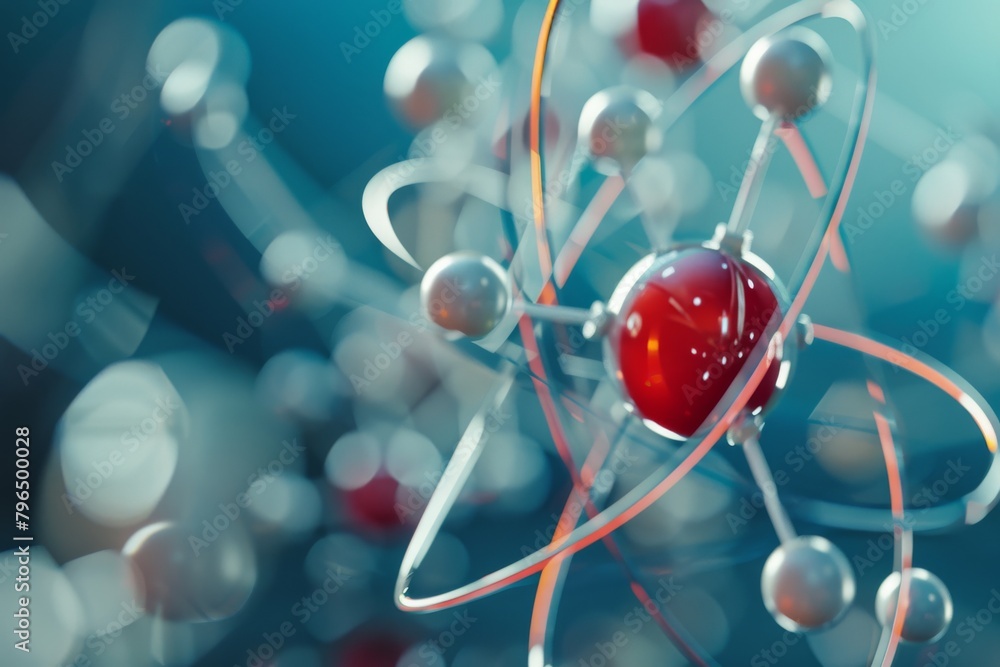 Poster a vibrant and colorful abstract representation of an atom model featuring protons, neutrons, and ele