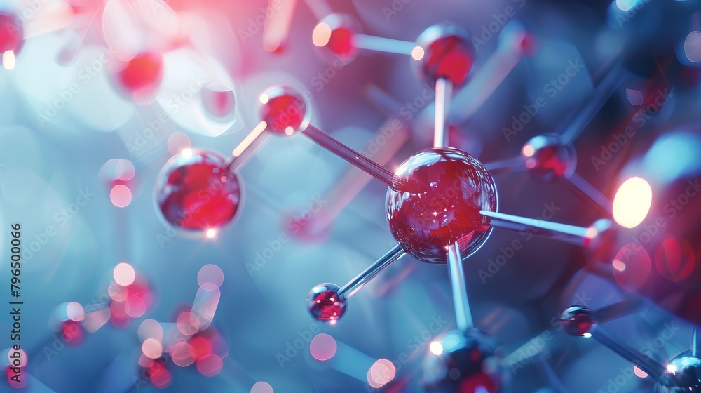 Poster a 3d rendered image of glistening molecules with blue tones, representing science and technology