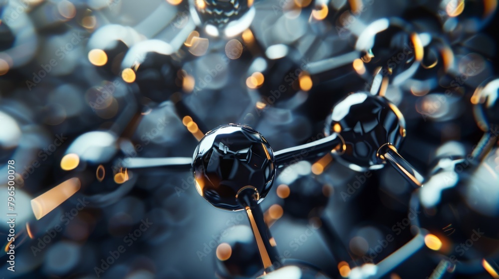 Poster A visually striking 3D rendered image of black carbon atom structures, showcasing a molecular composition with depth of field