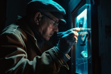 Non-identifiable person interacting with a glowing, vintage dial machine set in a dark, mysterious environment