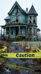 An eerie abandoned green Victorian house cordoned off with bright yellow caution tape on a gloomy day