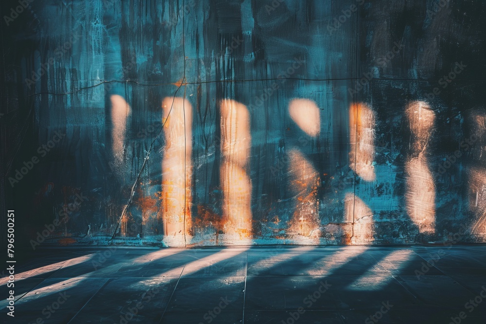 Poster An artistic display of light and shadow creating abstract shapes on a textured wall, invoking a moody atmosphere