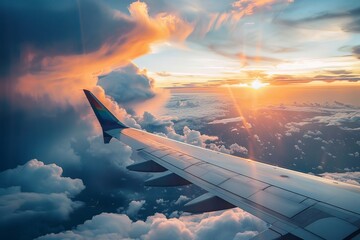 A stunning aerial perspective from an airplane window, capturing the beauty of a sunset above the...