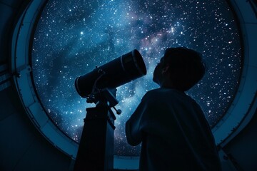 A silhouette of an astronomer engrossed in observing the majestic Milky Way Galaxy using a telescope inside a planetarium - obrazy, fototapety, plakaty