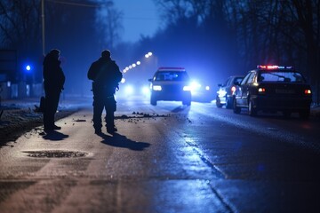Two police officers inspect a situation on a misty road flanked by illuminated police vehicles A sense of urgency and law enforcement duty pervades the scene