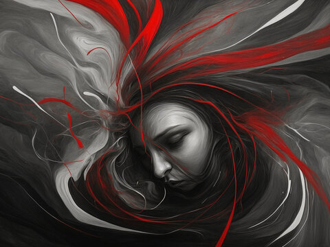 Dolor de cabeza, depresi&oacute;n y aislamiento social en representaci&oacute;n abstracta en rojo y negro.