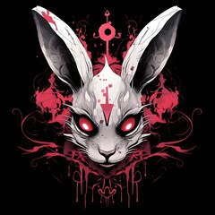 ladies' with an image of a bunny with red eyes, in the style of necronomicon illustrations, light black and pink, minimalistic elements, hyper-detailed illustrations, ritualistic masks, dark black and