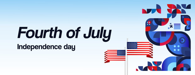 Obraz premium United States Independence Day wide banner in colorful modern geometric style. USA National Day greeting card cover on 4th of July with country flag. Vector illustration celebrating national holidays