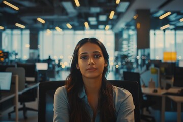 A woman in a blue shirt sits attentively in an office during twilight, capturing a cinematic corporate atmosphere - obrazy, fototapety, plakaty