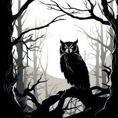 an owl looking out of the trees, in the style of monochrome landscapes, silhouette figures, limited color range, dark humor graphic prints