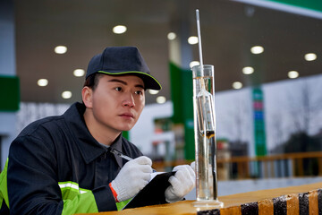 Asian engineer measuring oil purity and taking notes