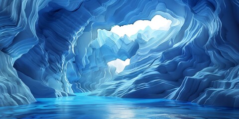 A blue and white image of a frozen landscape with a river running through it