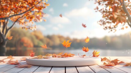 white podium render autumn landscape of a lake with falling leaves