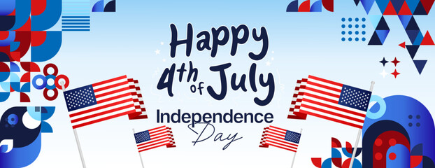 Fototapeta premium United States Independence Day wide banner in colorful modern geometric style. USA National Day greeting card cover on 4th of July with country flag. Vector illustration celebrating national holidays