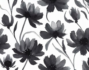 Namalowane czarne kwiaty na białym tle tapeta vintage - obrazy, fototapety, plakaty