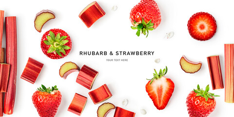 Raw rhubarb stem slice and strawberry isolated on white background. - obrazy, fototapety, plakaty