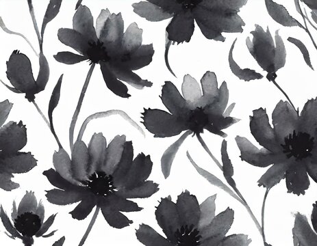 Fototapeta Namalowane czarne kwiaty na białym tle tapeta vintage