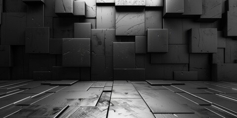 A black and white image of a room with a wall made of black cubes