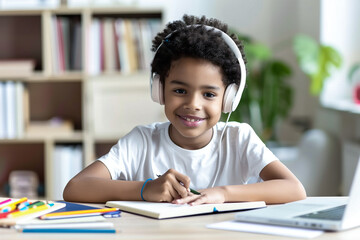 Happy boy studying with headphones