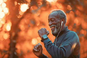 Happy senior man with smartwatch at dusk